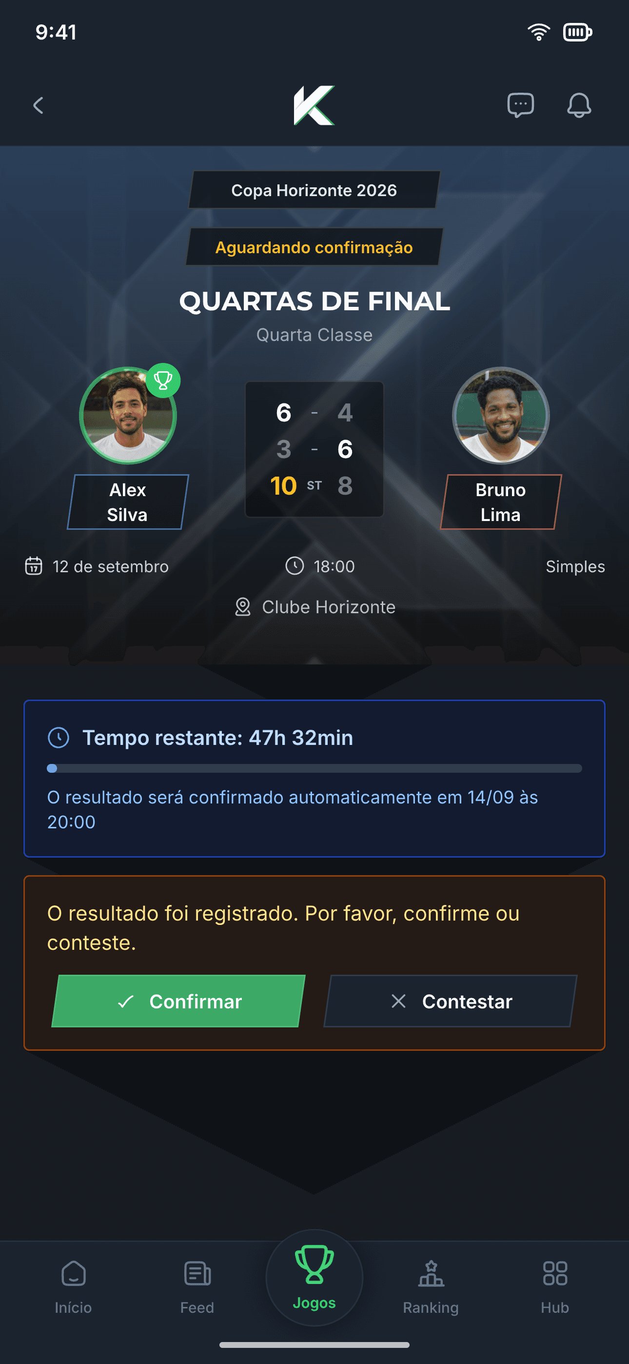Confronto de torneio no Kourty aguardando confirmação do resultado