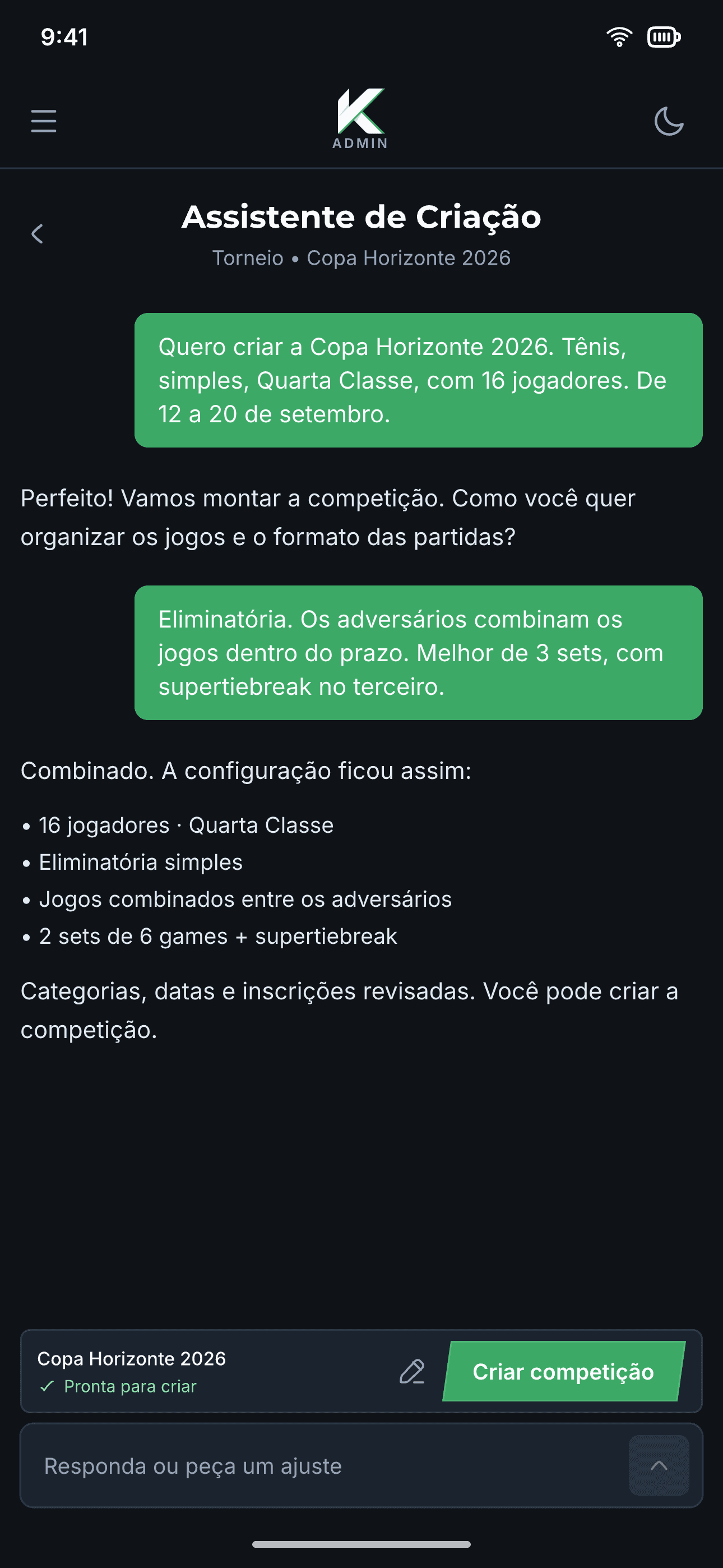 Assistente de criação de competição do Kourty montando um torneio por conversa