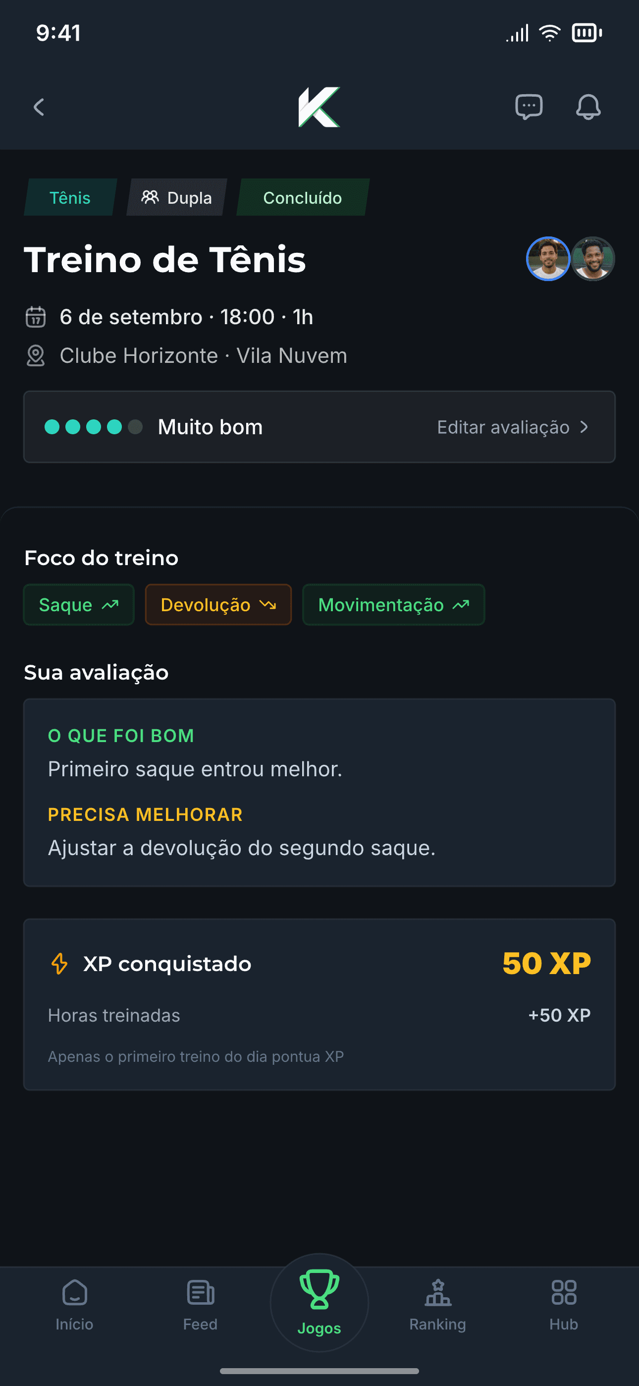 Diário de Treinos no Kourty com foco do treino, autoavaliação e XP conquistado