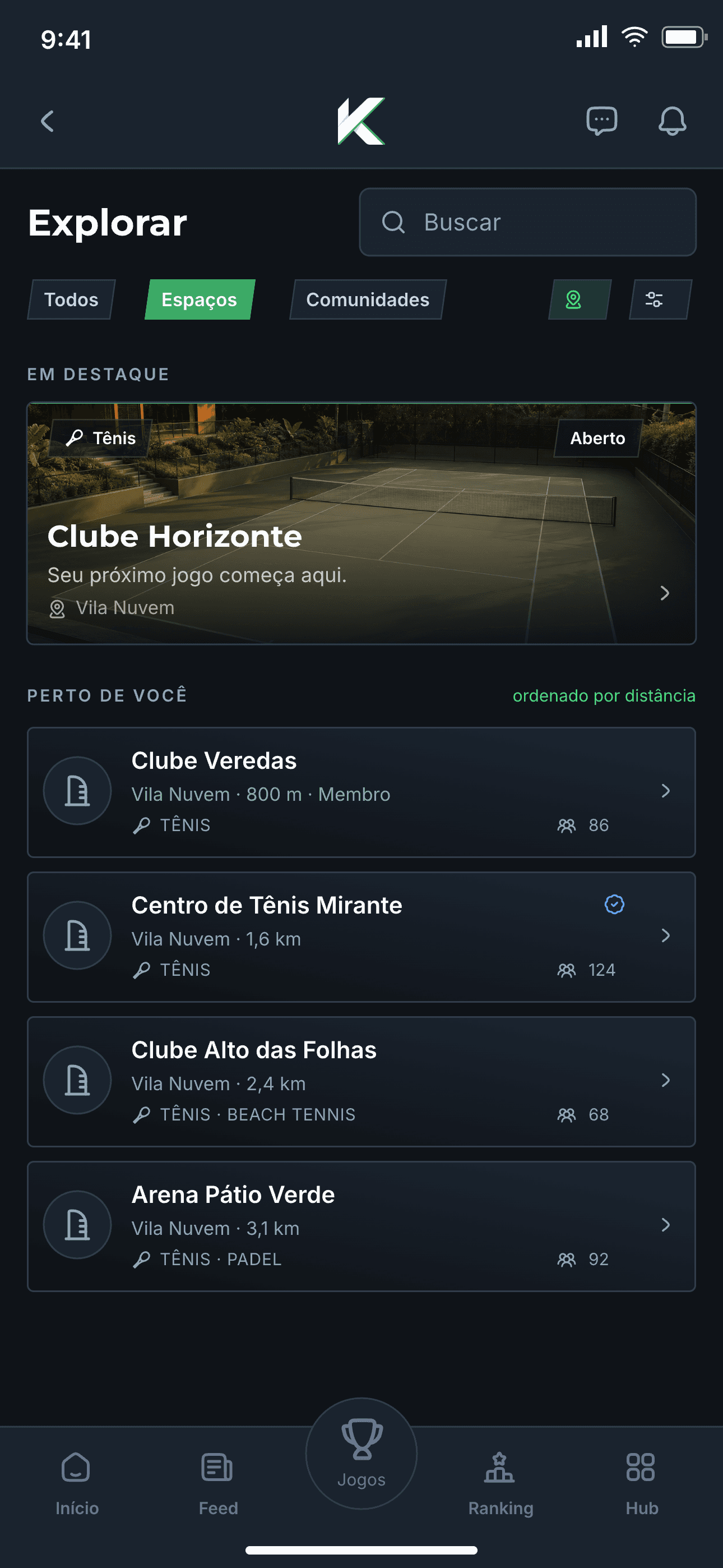Tela Explorar do Kourty com espaços em destaque