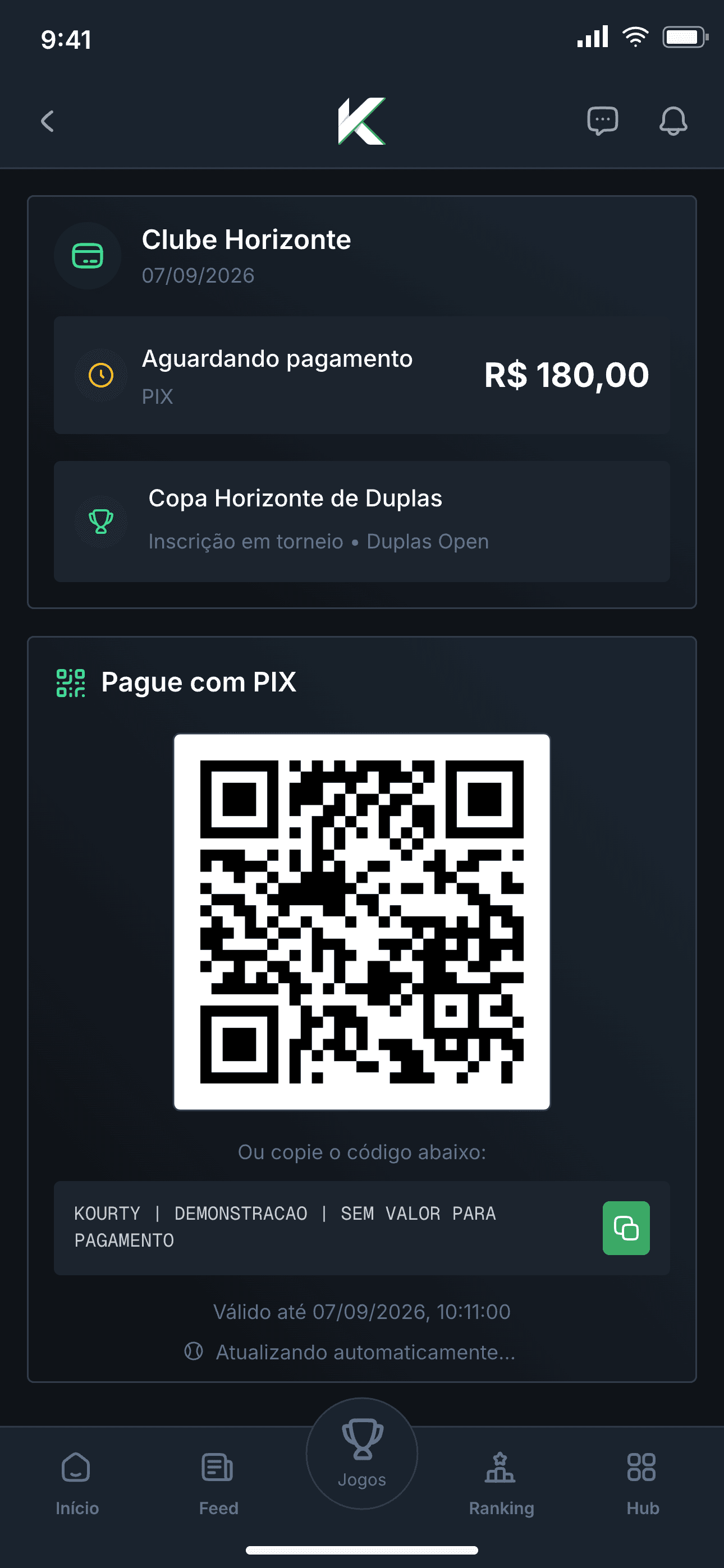 Pagamento de inscrição por PIX no Kourty com QR code, valor e repasse pro Clube Horizonte