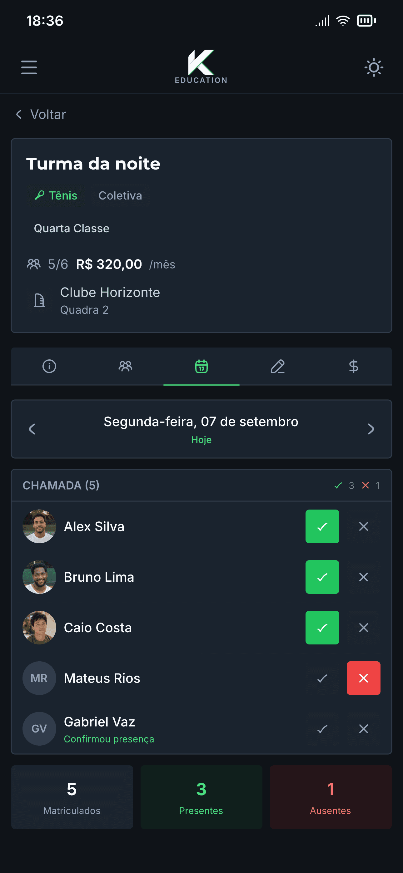 Chamada de presença de uma turma de tênis no Kourty